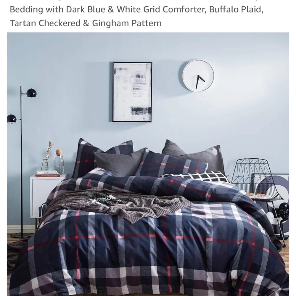 Dark Blue and White Grid Comforter Set